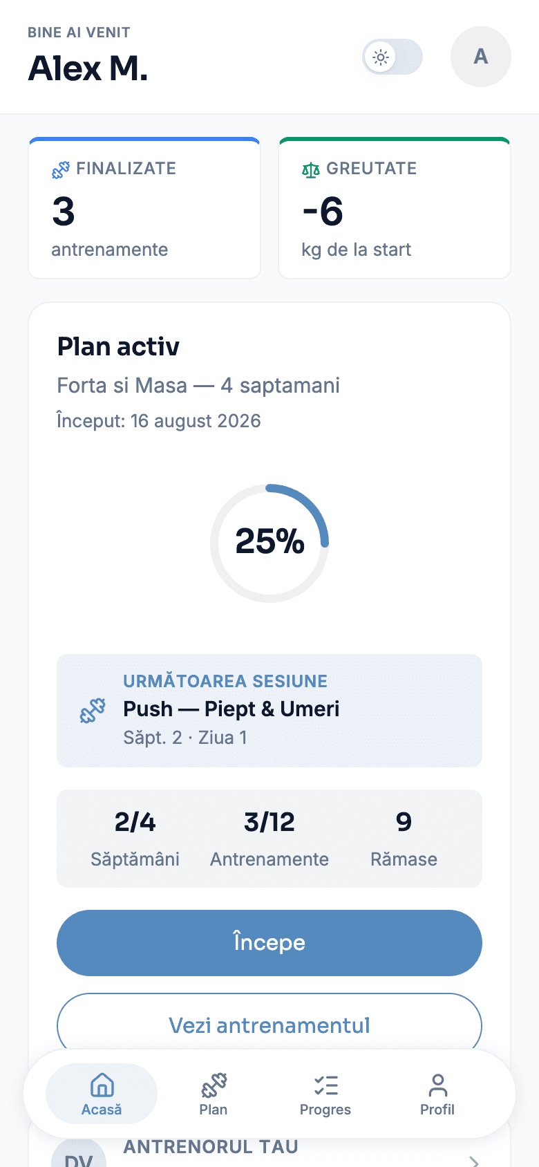 Aplicația client Velto — acasă