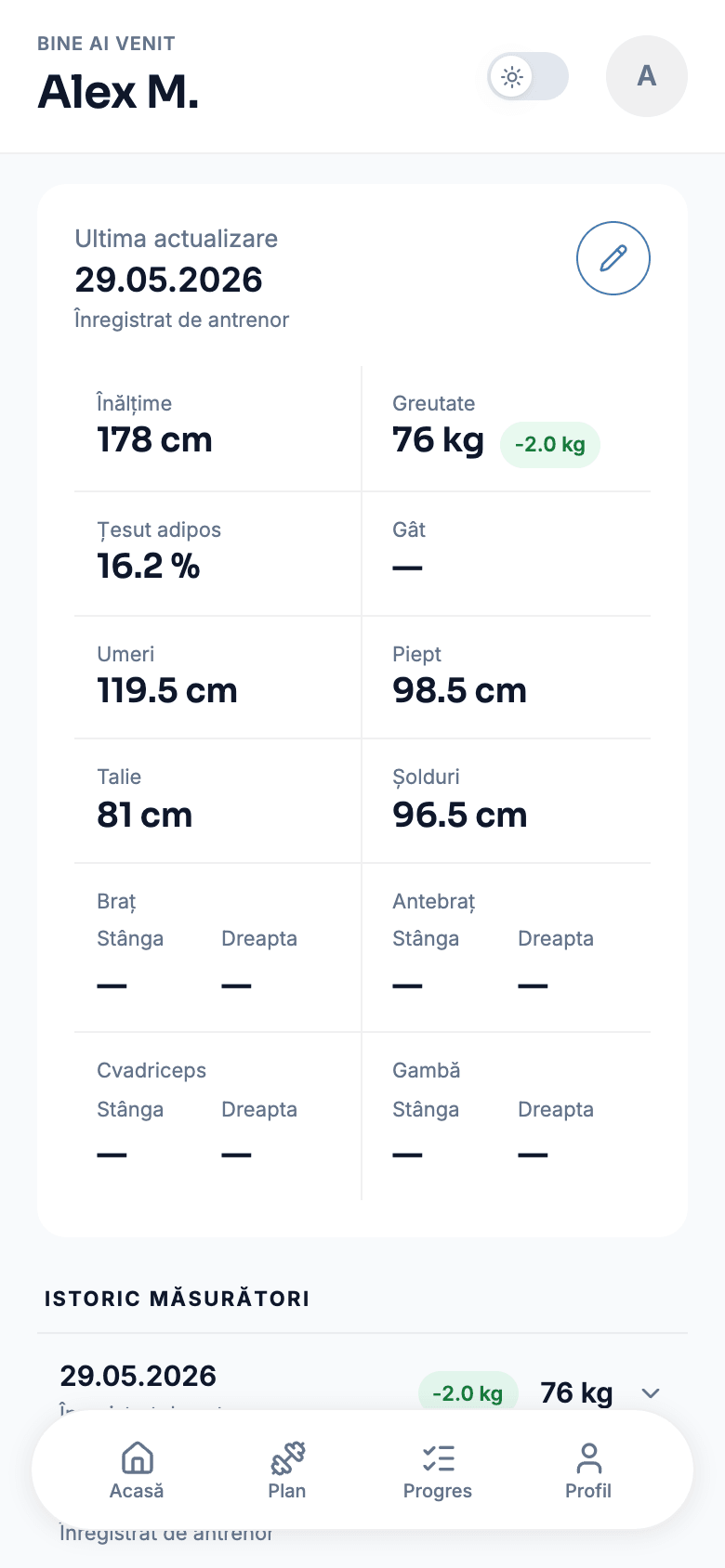 Măsurătorile unui client: înălțime, greutate cu diferența față de măsurătoarea anterioară, țesut adipos, umeri, piept, talie, șolduri, braț, antebraț, cvadriceps și gambă.