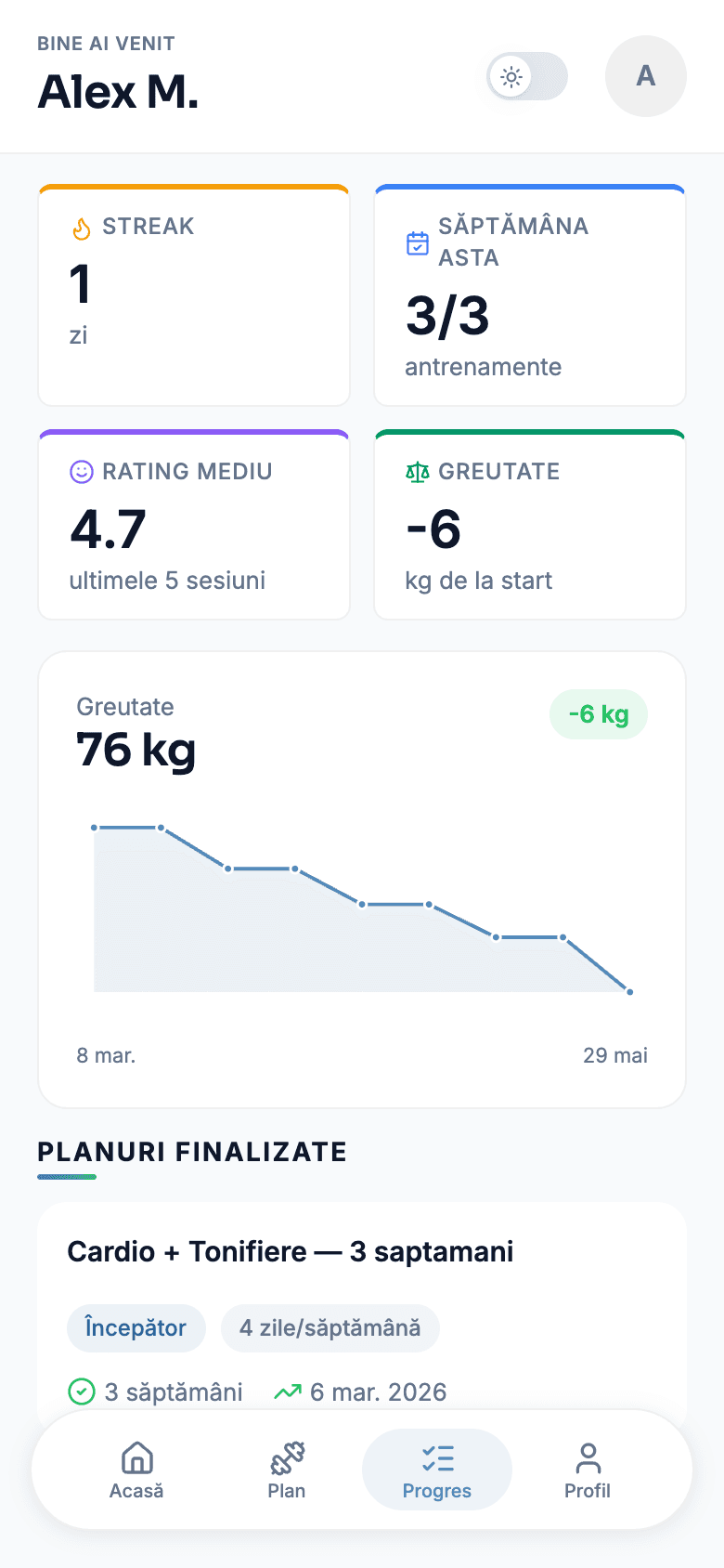 Aplicația client Velto — progresul propriu